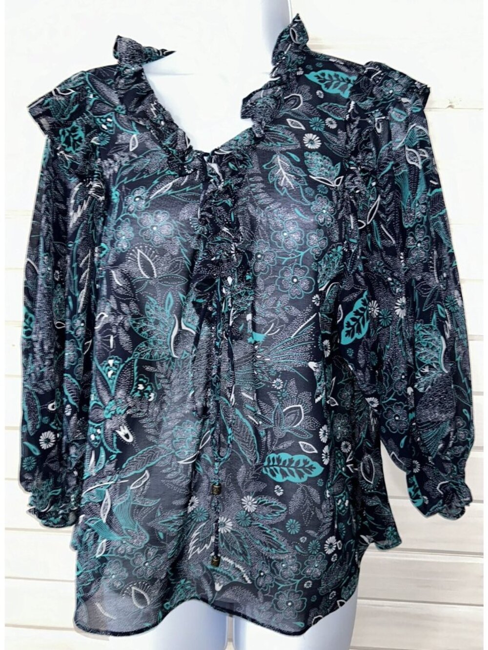 NWT by Anthropologie Sz XS Haida Peasant Blouse Popover Boho Blue Floral Ruffle